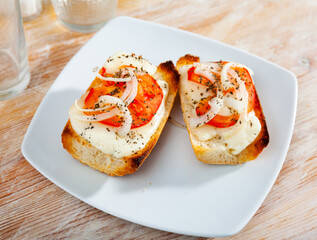 Toasted bread with tomato, onion and melted cheese