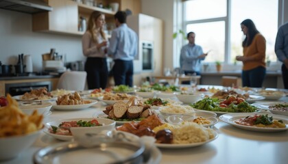 Group of executives, team members gather for farewell lunch in office kitchen. Casual attire, formal clothes, office staff, colleagues, team spirit, leadership change, career transition. Food spread
