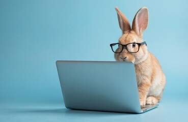 Beige bunny with white paws sits on laptop, wearing glasses. Cute rabbit works at office desk, uses computer, types on keyboard. Business bunny uses laptop for job, career success. Cute animal at