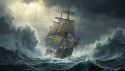 Large brown ship sails through dark blue rough seas in midst of raging storm. Stormy waves crash behind ship, sea spray creates dramatic white foam scene. Dark sky casts somber mood, vast ocean