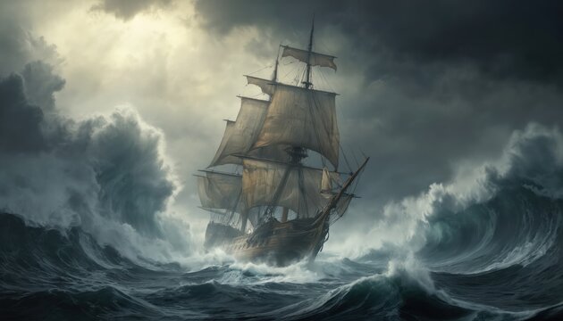 Large brown ship sails through dark blue rough seas in midst of raging storm. Stormy waves crash behind ship, sea spray creates dramatic white foam scene. Dark sky casts somber mood, vast ocean - Powered by Adobe