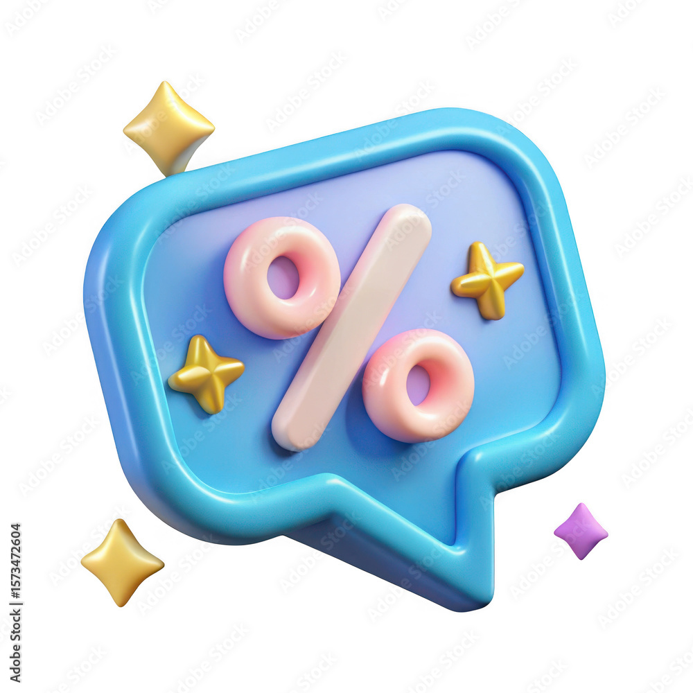 Fototapete 3d rendered blue speech bubble with percentage symbol and sparkles isolated on transparent backgroun