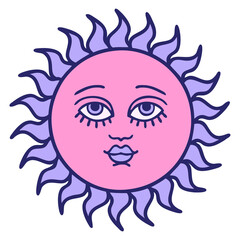 iconic tattoo style image of a sun with face in bright neon color