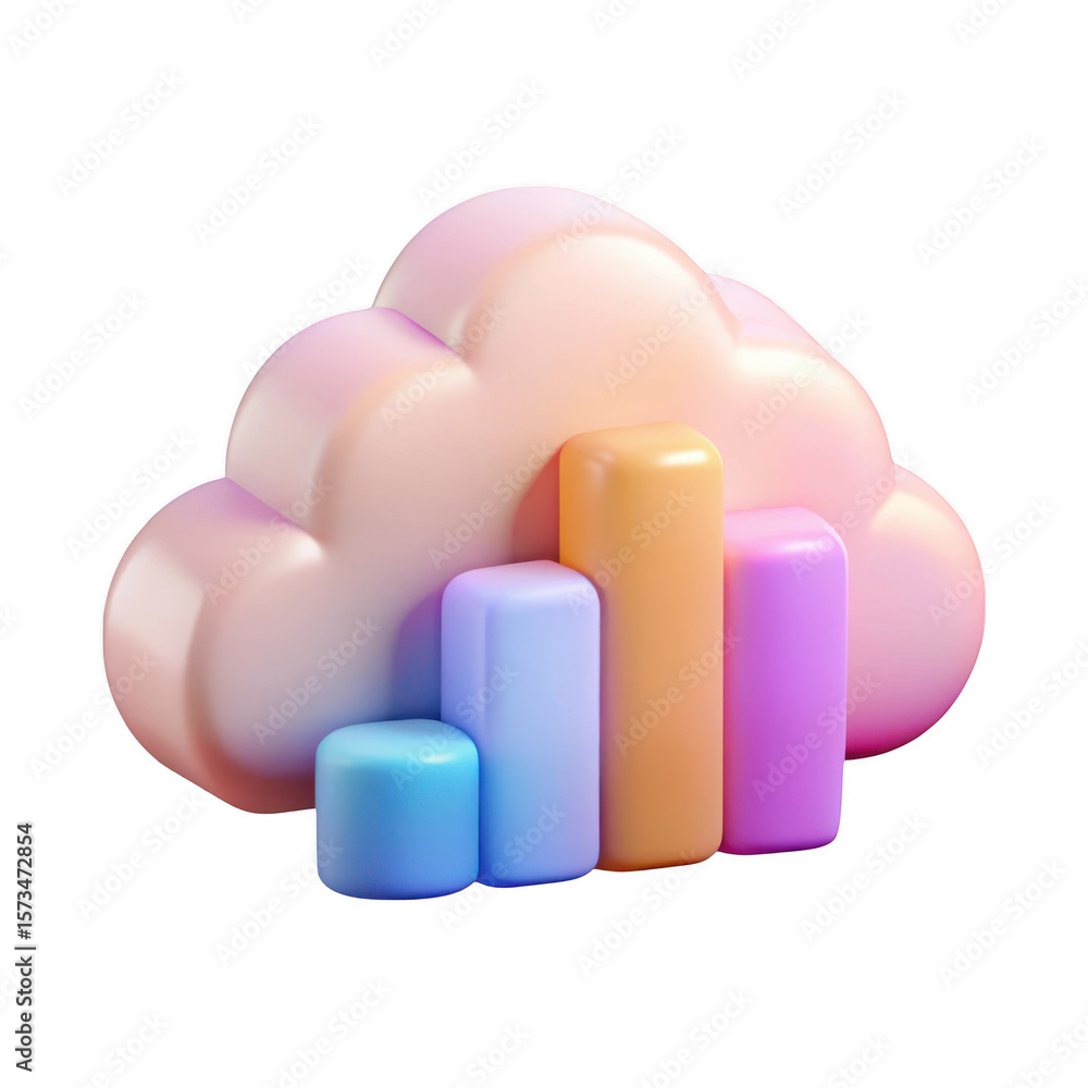 Poster 3d pastel cloud with colorful bar graph elements isolated on transparent background