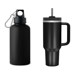 Black metal mug blank. Stainless water bottle design. Drink container mockup, vacuum tumbler product. Reusable sport bottle, aluminum flask with handle for hot or cold temperature