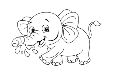 A smiling baby elephant splashing with trunk up for kids coloring book vector illustration.