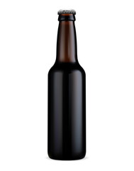 Beer bottle. Small craft ale dark glass mockup. Cool pub brewery brand concept, advertising template design. Amber glasses bottle with silver cap, minimalist alcohol lager