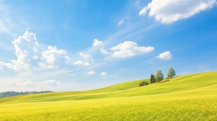 Fototapeta premium Fields of vibrant green and yellow under a bright blue sky with clouds