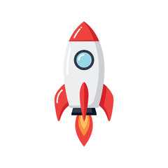 Colorful cartoon rocketship with bright red fins blasting off – stock vector in colorful flat style
