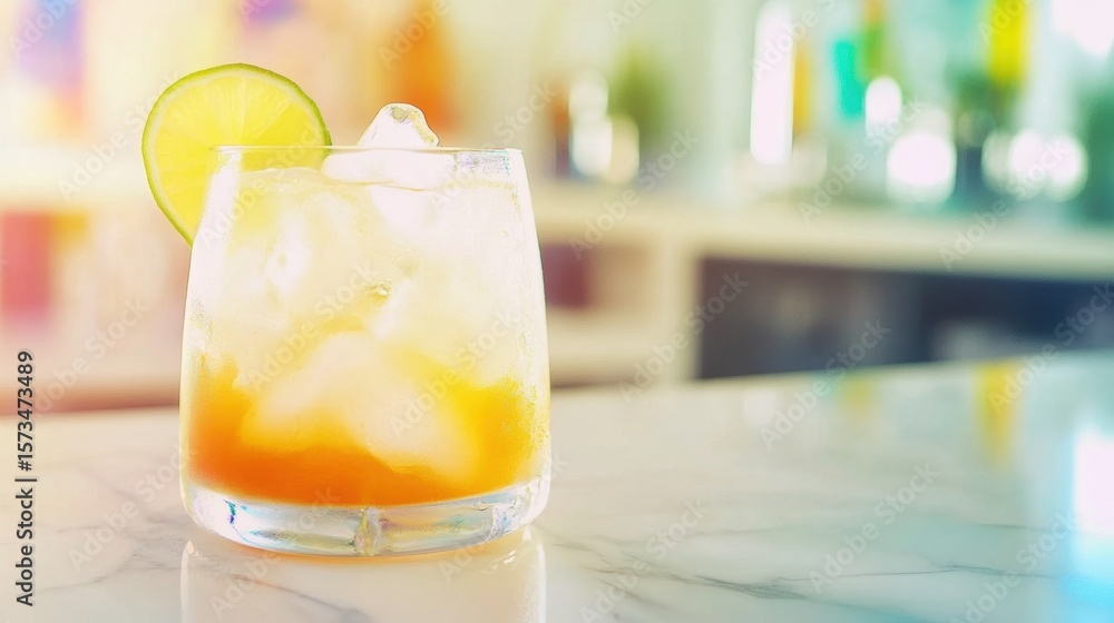 Poster colorful cocktail with ice and lime slice on a marble counter in a bar