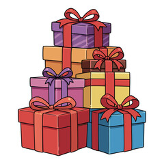 Stack of colorful gift boxes with ribbons in a cartoon style &ndash; stock vector in colorful flat style