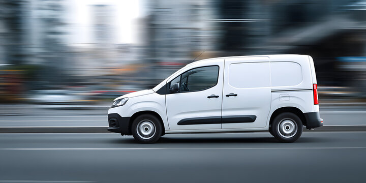 white delivery van side view on blur city street background, moving minivan in urgent fast motion, concept of logistics, food merchandise commercial delivery or post service, banner with copy space