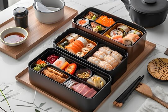 Three bento boxes filled with assorted sushi, rolls, and other Japanese delicacies are arranged on wooden trays, alongside a teapot and dipping sauces. - Powered by Adobe