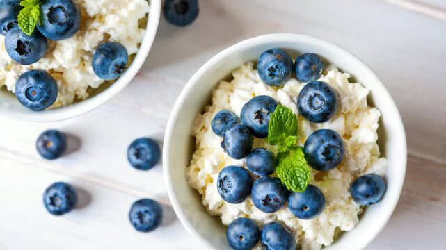 Healthy breakfast cottage cheese with blueberries, fresh organic dairy snack, nutritious morning meal concept, vegetarian food bowl, summer diet idea, clean eating lifestyle background