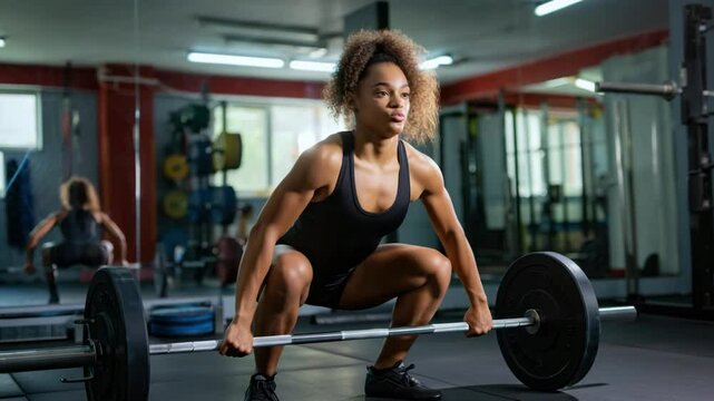 Strong woman weightlifting in gym, female athlete doing deadlift exercise, strength training workout, fitness motivation concept, healthy lifestyle, powerlifting sport background