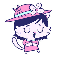 cartoon cat wearing summer hat in bright neon color
