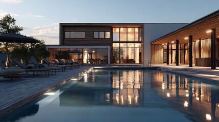 Obraz premium Luxurious Modern House with Pool at Twilight Showcasing Architectural Elegance