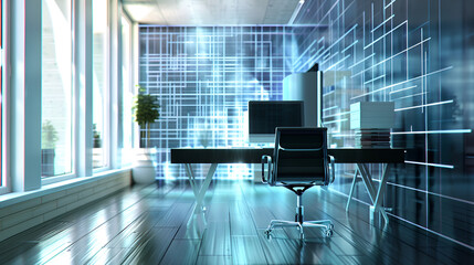 A modern office space with a desk chair computer and large windows with a grid like pattern on the wall