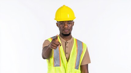 A determined construction worker in safety attire directs attention with a pointed gesture, conveying authority and precision.