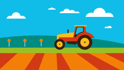 Naklejka premium Blue sky frames a cartoon toy tractor on a field, an iconic transport vehicle