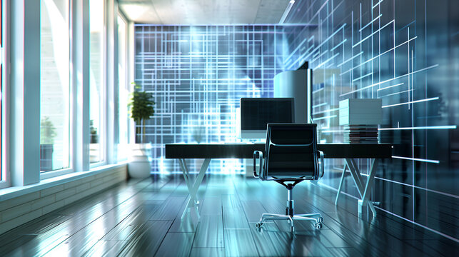 A modern office space with a desk chair computer and large windows with a grid like pattern on the wall