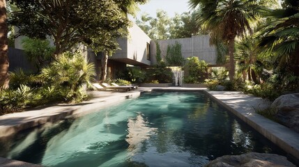 Naklejka premium Modern architectural house facade blending seamlessly into lush green surroundings