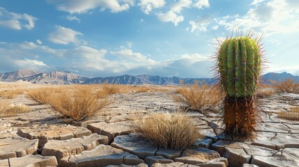 Desert landscape with cactus under blue sky.