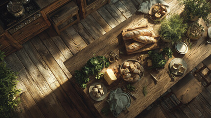Cozy rustic farmhouse kitchen featuring a wooden dining table, fresh vegetables, and a bread basket, embodying a warm, welcoming, and authentic country style.