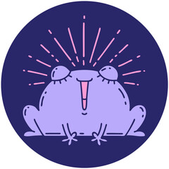 icon of a tattoo style happy frog in bright neon color