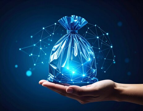 Garbage bag in Hand and AI Data Future. in hand blue wireframe
