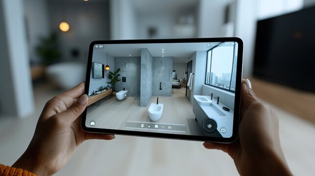 Tablet displays 3D bathroom design visualization, home interior planning