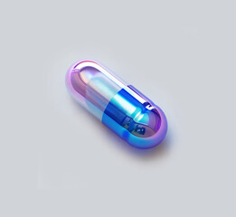 Isolated iridescent medicine capsule on gray background