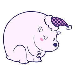 cute hand drawn comic book style illustration of a polar bear wearing santa hat in bright neon color