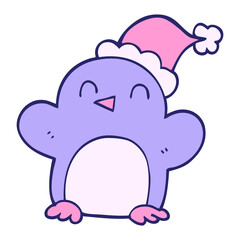 cartoon doodle penguin wearing christmas hat in bright neon color