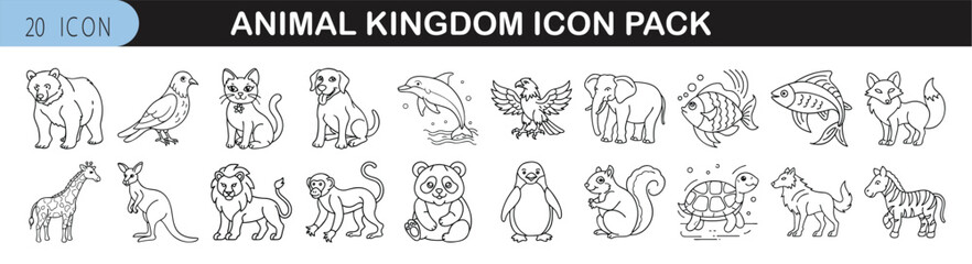 Animal Kingdom Icon Set for Wildlife and Nature Themes - Line-style icon pack of 20 illustrations featuring a variety of wild animals, birds, sea creatures, and mammals from different habitats.
