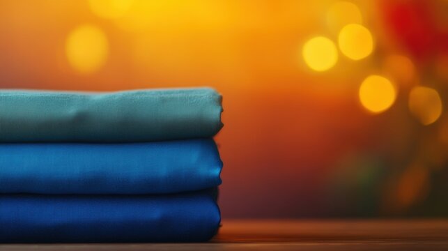 Colorful fabric rolls stacked on a wooden surface with a bokeh background - Powered by Adobe