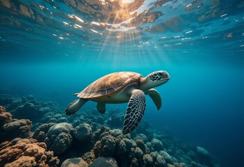 Obraz premium Red Sea turtle gliding gently over shallow reef, overhead sunlight casting soft rays, graceful movement, clean water.