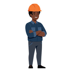 Smiling african adult male engineer wearing orange safety helmet with crossed arms &ndash; stock vector in colorful flat style