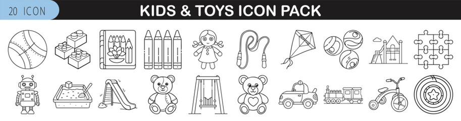 Kids and Toys Line Icon Set for Playtime Themes - Fun and playful icon pack of 20 thin-line illustrations featuring toys, games, playground equipment, and children's activities for design use.
