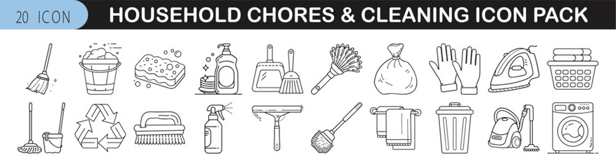 Household Chores and Cleaning Icon Set - Icon pack of 20 thin-line illustrations showing tools and tasks for cleaning, laundry, washing, and general home maintenance activities.
