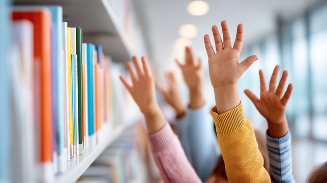 Children raising hands eagerly in a bright library setting with colorful books on the shelves, educational concept of schools or tutoring centers - Powered by Adobe