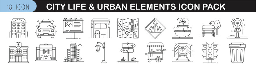 City Life and Urban Icon Set for Design - Urban-themed icon pack with 18 thin-line illustrations of city elements like transport, shops, signs, and public spaces.
