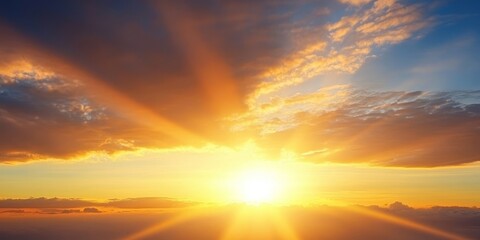 Fototapeta premium Stunning Sunrise Over Tranquil Landscape, Vibrant Clouds and Sunbeams Creating a Beautiful Scene