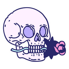 tattoo in traditional style of a skull and rose in bright neon color