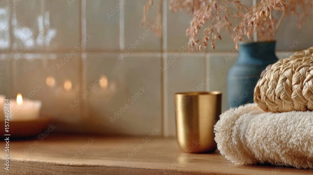 Poster relaxing spa setting with candles and soft towels in a serene atmosphere