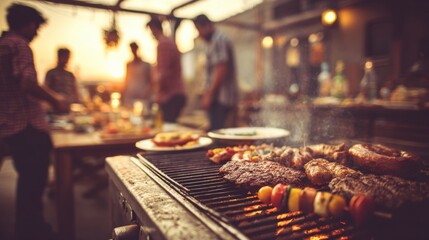 Group of friends enjoying a barbecue party at sunset on a rooftop