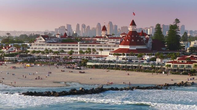San Diego, California, USA - May 3, 2025: An absolutely breathtaking aerial view of legendary Hotel Del Coronado, featuring its beautiful and intricate architecture against a stunning coastal backdrop