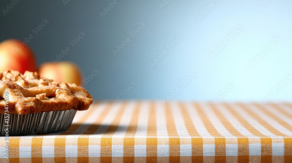 Poster apple pie rests on a checkered tablecloth with apples in the background