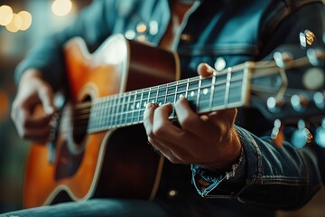Close-up of guitar with blurred musician playing, raw style. Ideal for album covers, music tutorials, promotional posters, or artistic backgrounds. Emphasizes creative passion and instrument details.