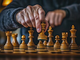 Senior hands moving wooden chess pieces with shallow depth of field, 4:3 aspect ratio, raw style. Perfect for board game promotions, senior leisure activities, strategic thinking concepts, and educati